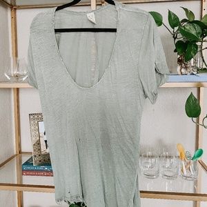 Free People Saturday Lace Trim Linen Blend Tee